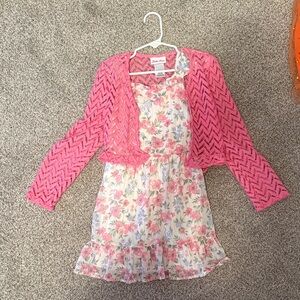 Little Lass Pink Floral Dress with Crochet Cardigan